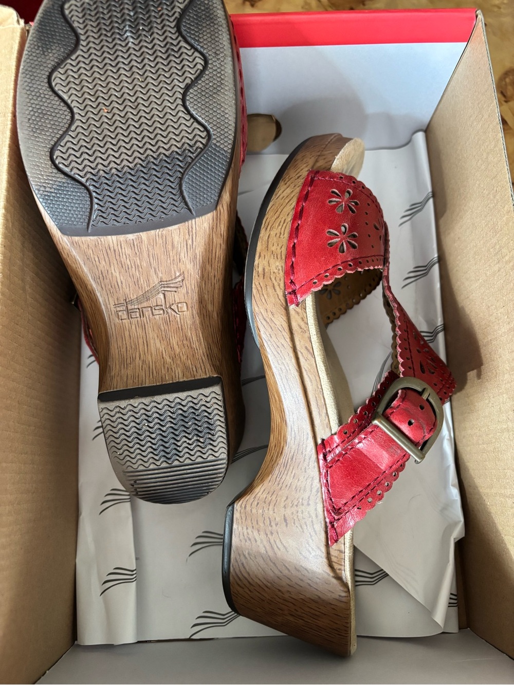 Dansko Crimson Leather Wedge Sandals with Buckle Strap